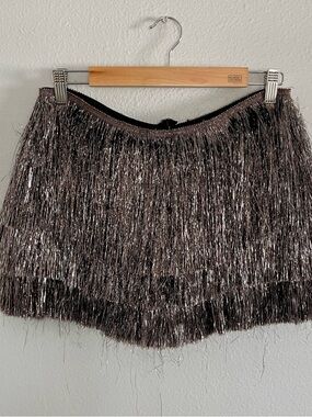 Shimmery Fringe Mini Skirt in Metallic Silver and Black